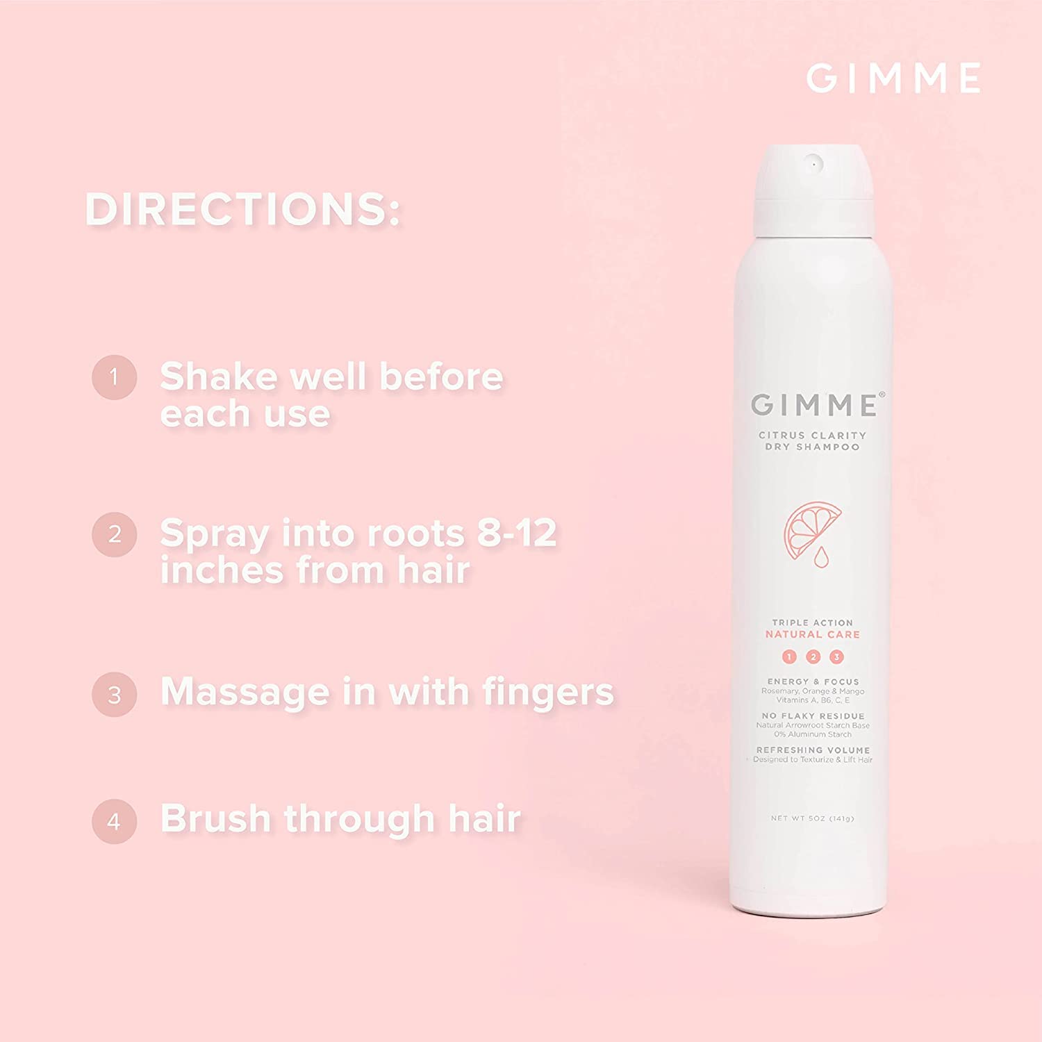 Gimme Beauty - Citrus Clarity - Natural Care Dry Shampoo with Rosemary, Orange, Mango, & Vitamins A, B6, C, & E - Texturizes & L