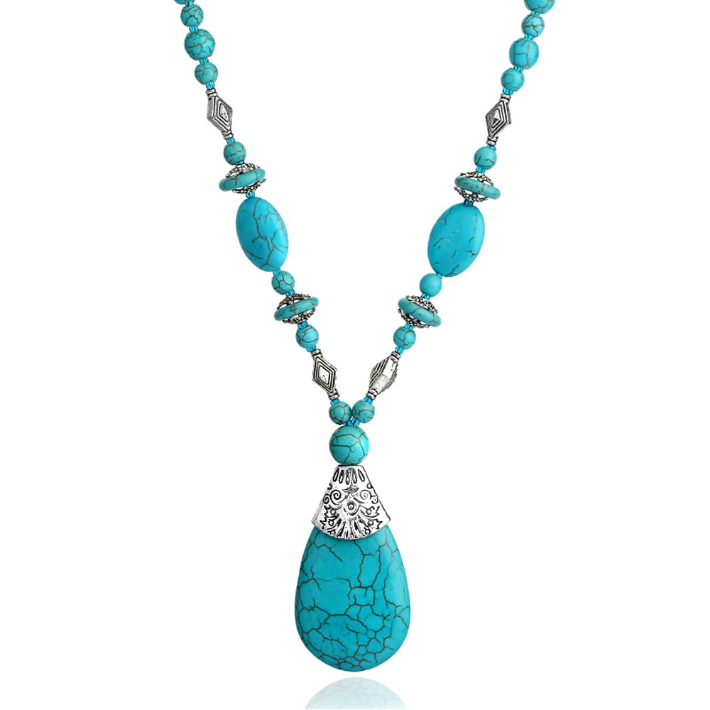 Bohemian Turquoise Necklace for Women Western Jewelry Boho Necklace Vintage Turquoise Pendant Long Choker Necklace