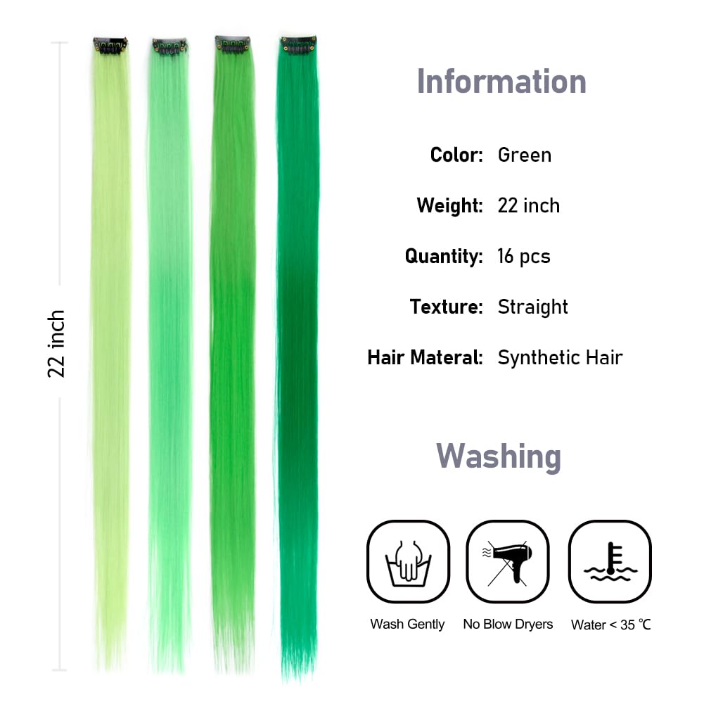 Kgbfass 16Pcs Green Colored Clip In Hair Extension Multi-Colors Party Highlights Synthetic 20Inch Halloween Cosplay Party Christ