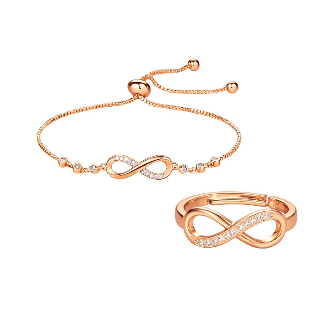 NiluS Collection Infinity Shape Cubic Zirconia Diamond Bracelet For Women Jewelry For Gift, Adjustable Charm Bracelet (Rose Gol