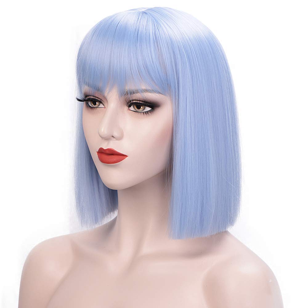 ENTRANCED STYLES Light Blue Wigs for Women Short Bob Wig with Bangs Sky Blue Straight Bob Wig Colorful Wigs Heat Trsistant Synth