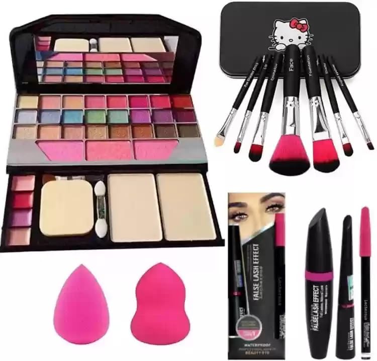 Skinplus 7Pcs Makeup Brush Set With Makeup Kit + 2 Pc Blender Puff And 3In1 (Kajal+Mascara+Eyeliner) Combo (6 Items In The Set)