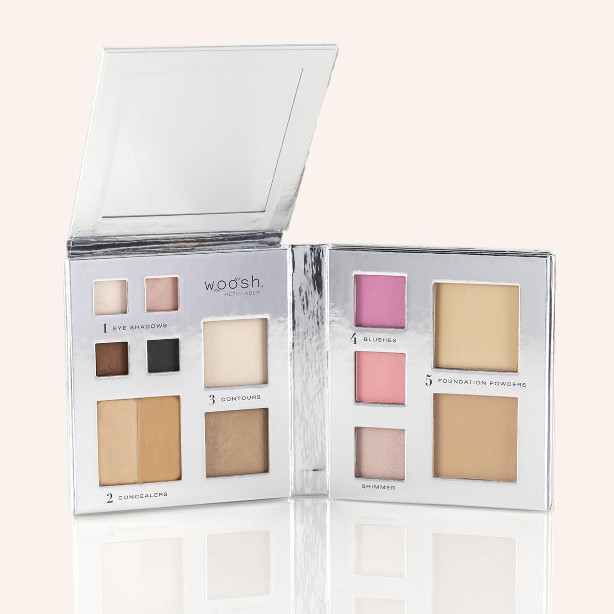 Woosh Beauty Fold Out Face Refillable Makeup Palette for Women in Silver  AllinOne Face Makeup Kit with Foundation, Concealer