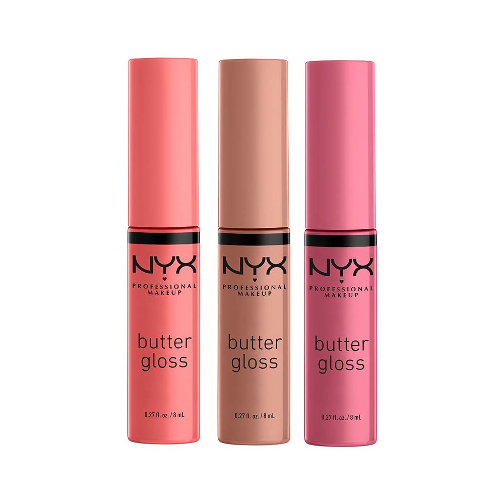 NYX PROFESSIONAL MAKEUP Butter Gloss - Non-Sticky Lip Gloss, Pack of 3 (0.27 Fl Oz) - Angel Food Cake, Creme Brulee, Madeleine