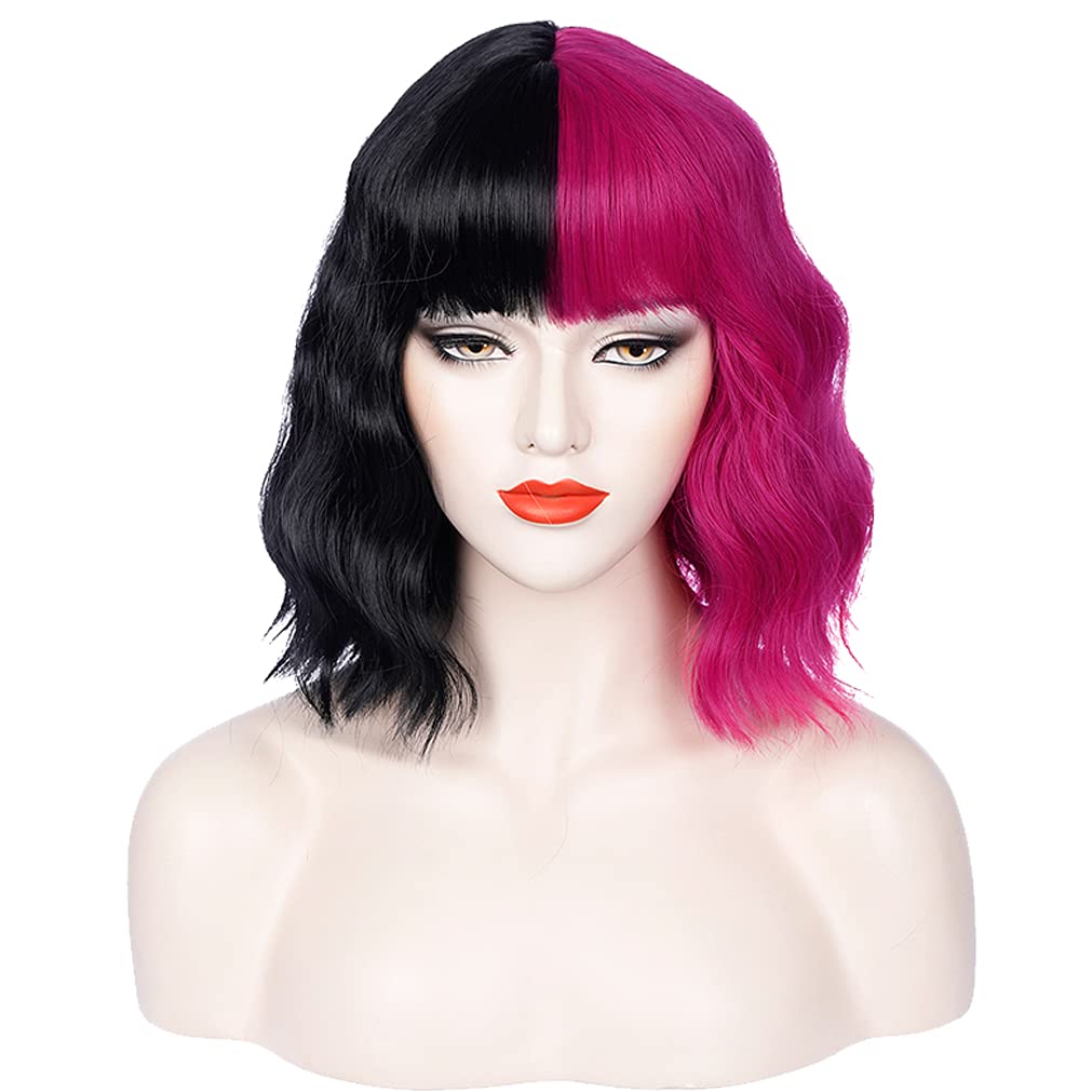 PATTNIUM Black Pink Wig Two Tone Wig Short Curly Black Pink Wig With Bangs Half Black Pink Split Wig for Women Heat Resistant Sy