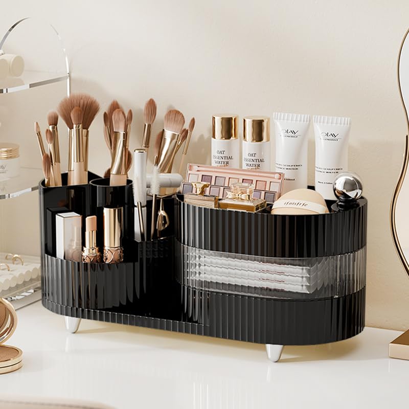 Rotating Makeup Organizer for Vanity with Brush Holder, Cosmetic Makeup Storage Organizer, Large Spinning Makeup Skincare Organi