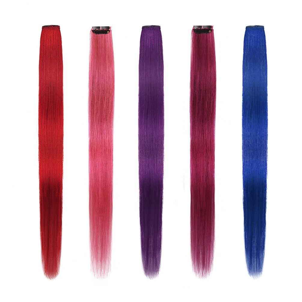 Winsky Colored Clip in Hair Extensions 100% Real Human Hair -Straight Highlights Colored Clip on Hairpieces 5 Pieces/Set (18inch