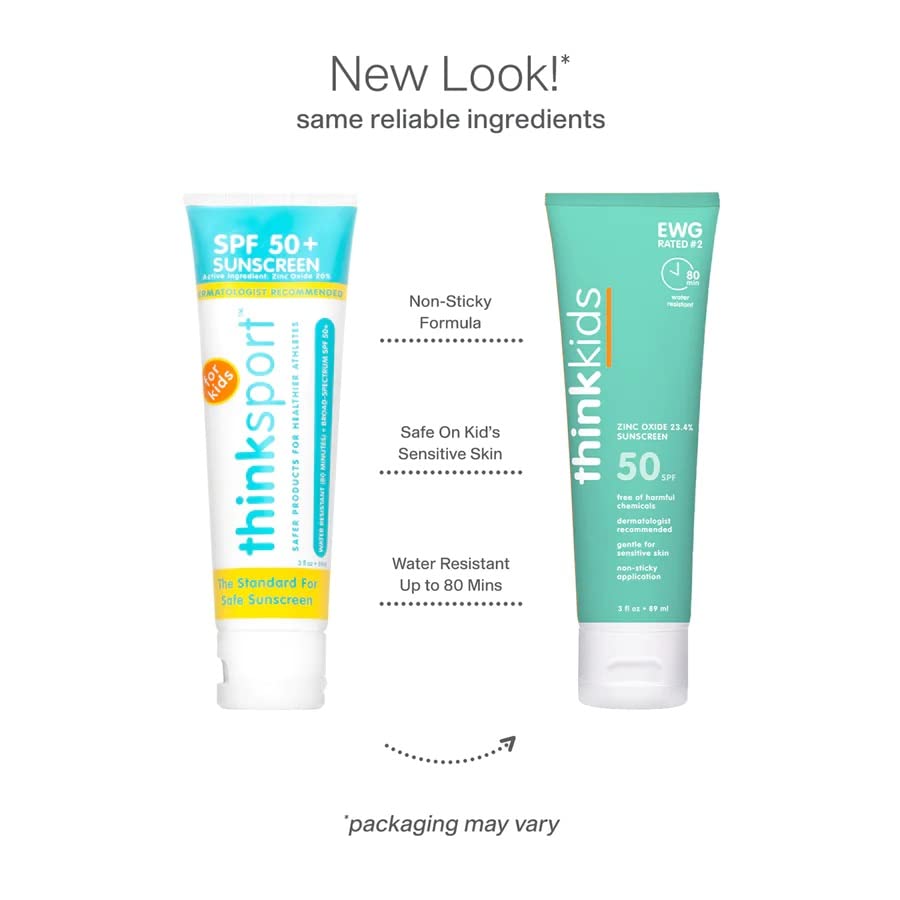Thinkkids Safe Mineral Sunscreen Spf 50+, 3 Fl Oz, Natural, Water Resistant Reef Safe Sunscreen For Children, Broad Spectrum Uva