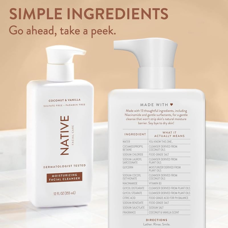 Native Moisturizing Face Wash, Spa Day Every Day Facial Cleanser (2 Pack) | Daily Face Cleaner for Radiant and Bright Skin, Coco
