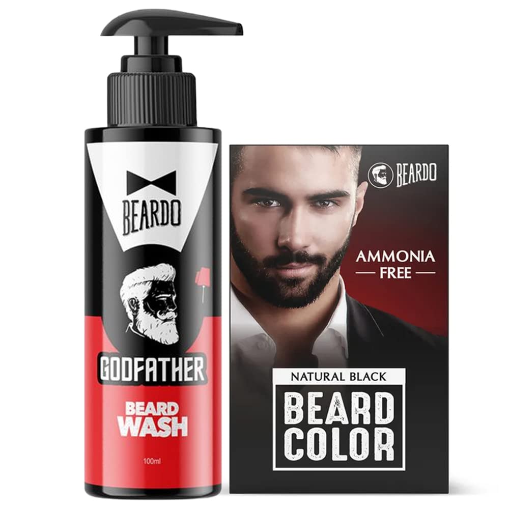 Beardo Natural Black Beard Color For Men 60Ml With Godfather Beard Wash 100Ml (Pack Of 2) | Purifying & Hydrating Beard And Skin
