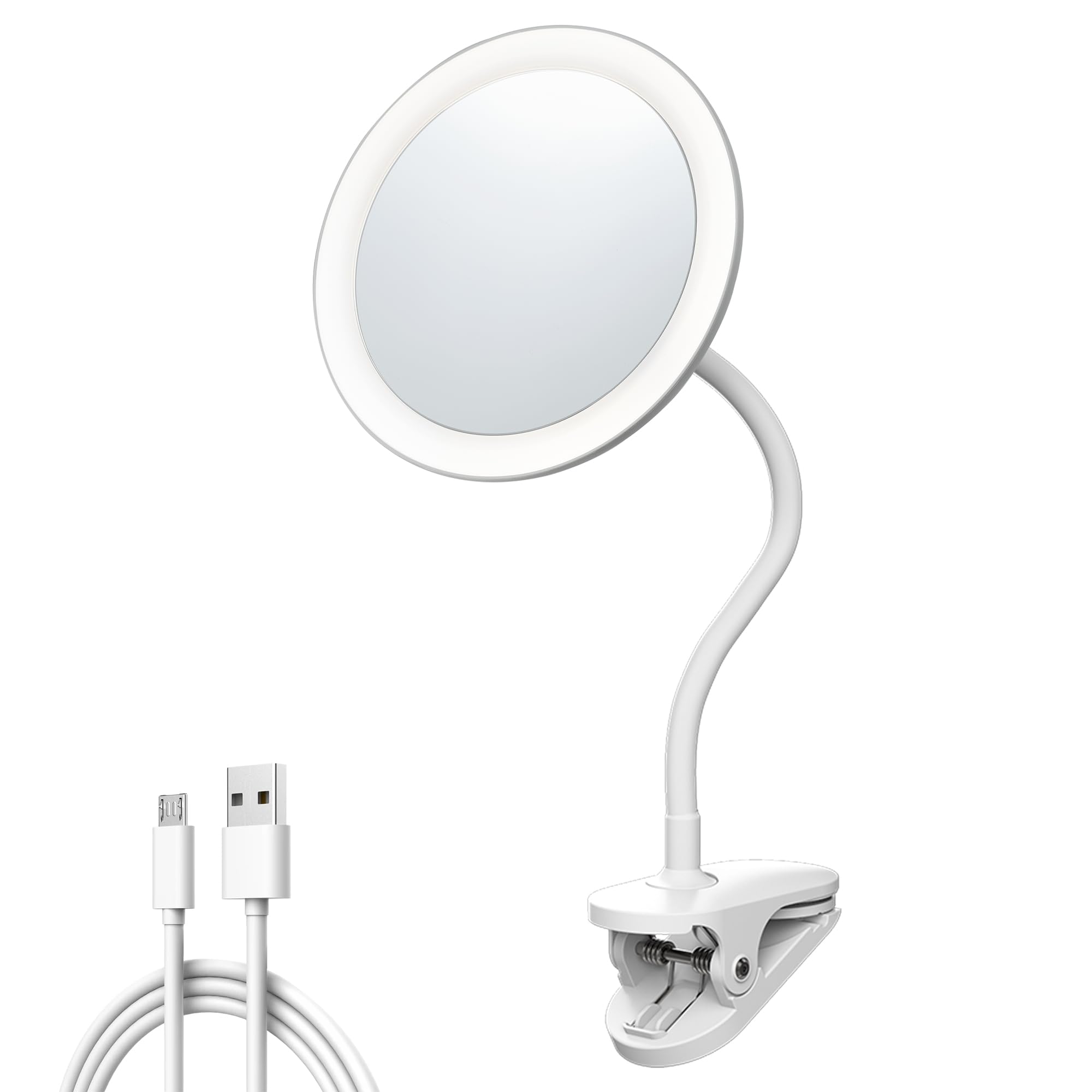 yngtoue 6.5'' Clip on Vanity Makeup Mirror with light, gooseneck Travel 5X Magnifying Mirror,USB Recharge (White 5X)