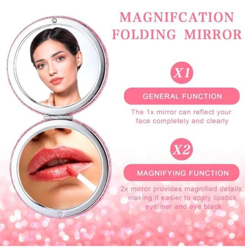 mpowtech Silver Compact Mirror - Double-Sided 2x/1x Magnification, 2.8" PU Leather Portable Makeup Mirror, Gift Idea