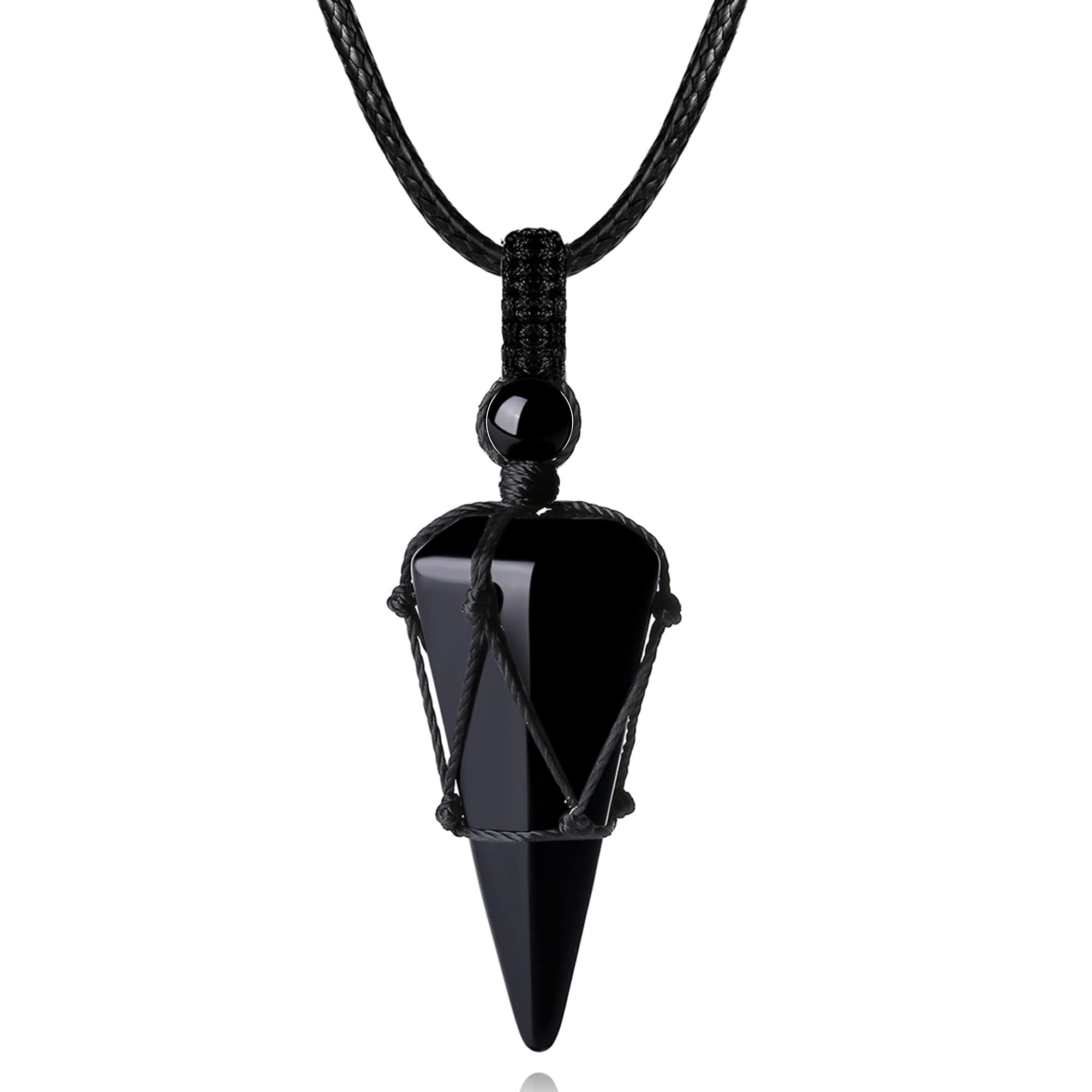 MAIBAOTA Black Obsidian Crystal Stone Necklaces for Men Women Healing Crystal Stone Pendant Necklace Adjustable Rope Natural Poi