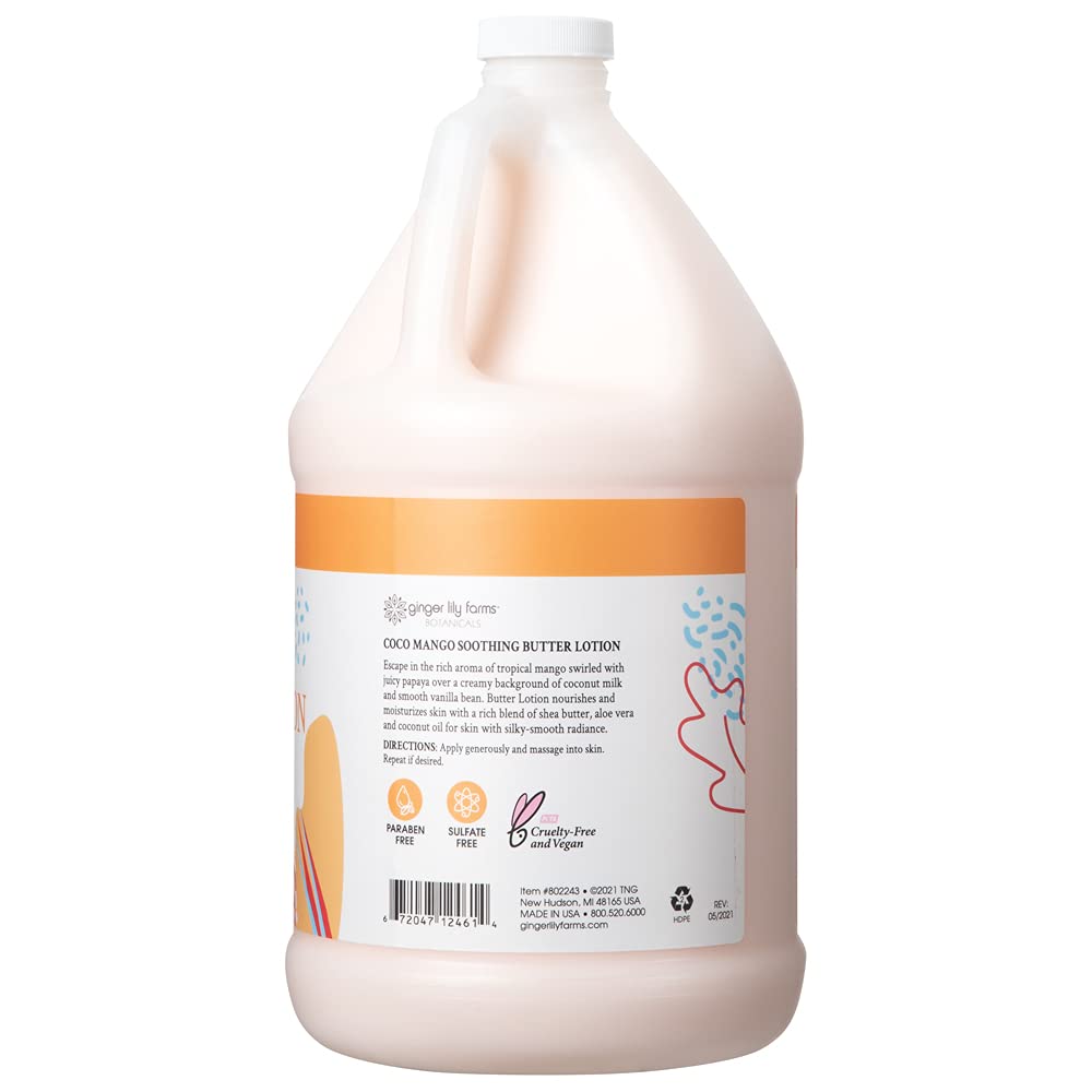 Ginger Lily Farm'S Botanicals Soothing Butter Lotion, Coco Mango, 100% Vegan & Cruelty-Free, Coconut Mango Scent, 1 Gallon