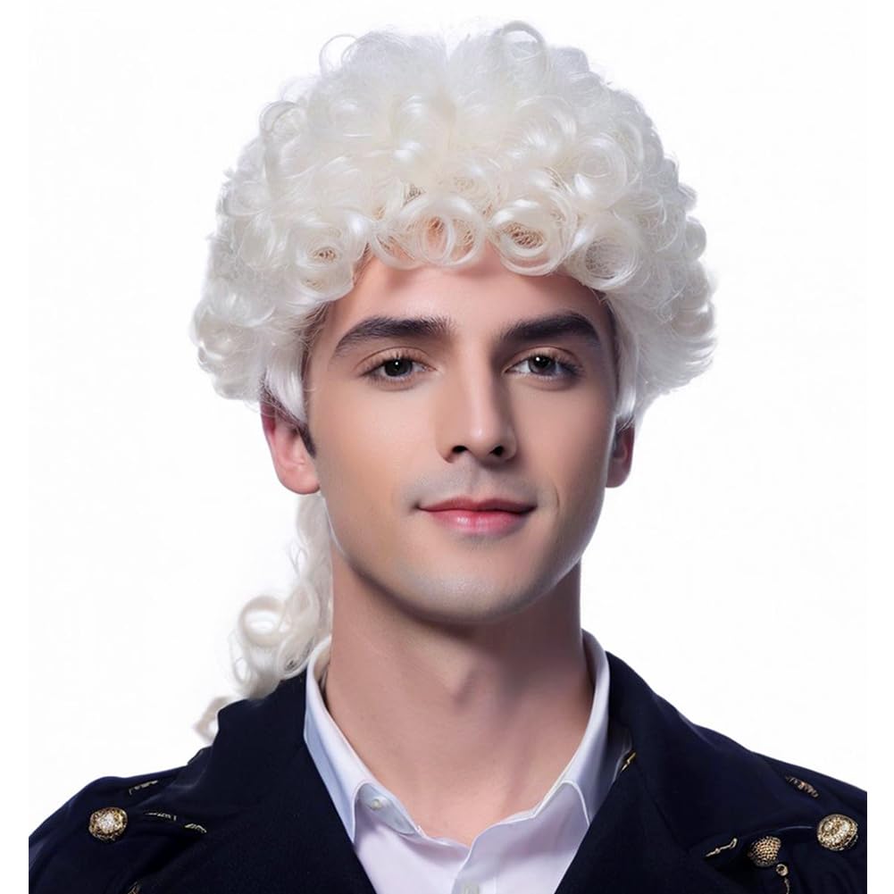 Traqur Judge Colonial Wig for Men Funny Wigs Washington Halloween Costume Cosplay Crazy Mens Wig (White)