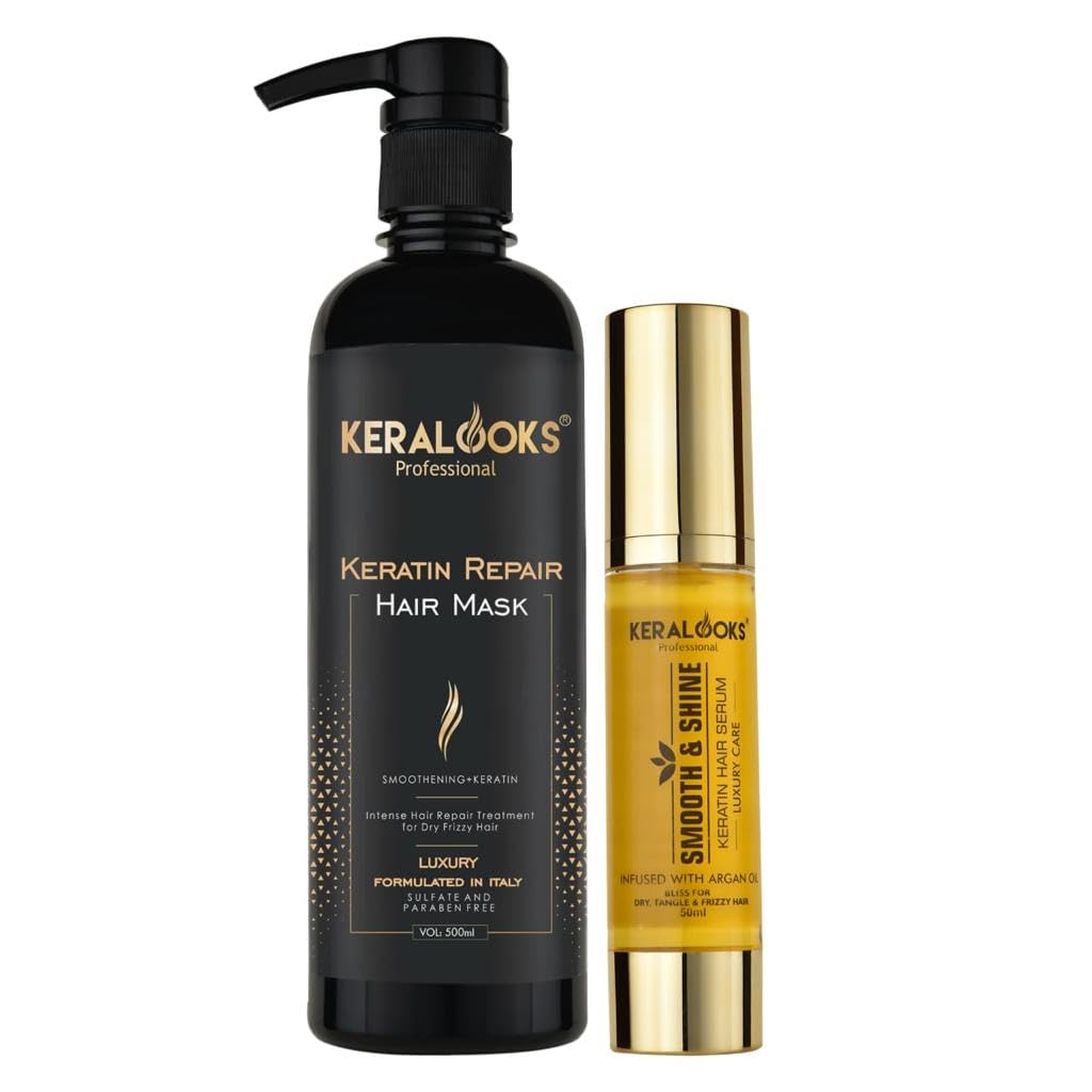 Keratin Repair Hair Mask & Argan Oil Hair Serum Combo (500Ml+50Ml) For Damaged, Dry, Frizzy & Chemically Treated Hair | Rich In 