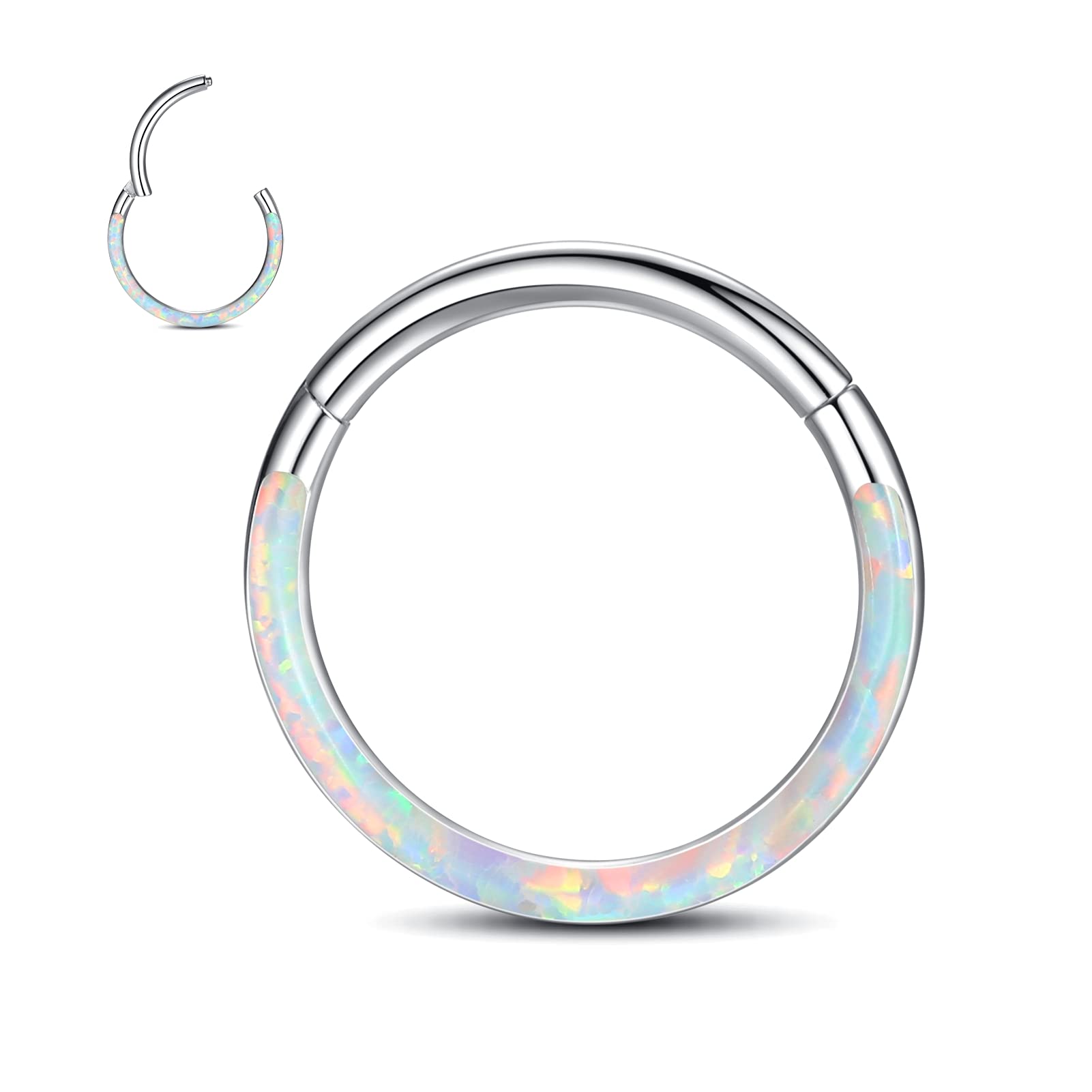 WBRWP 316L Stainless-Steel Flat-Piercing-Ring Hinged Nose-Rings-Hoop with White Opal 20G(0.8mm) Segment Clicker Lip Rings Daith 