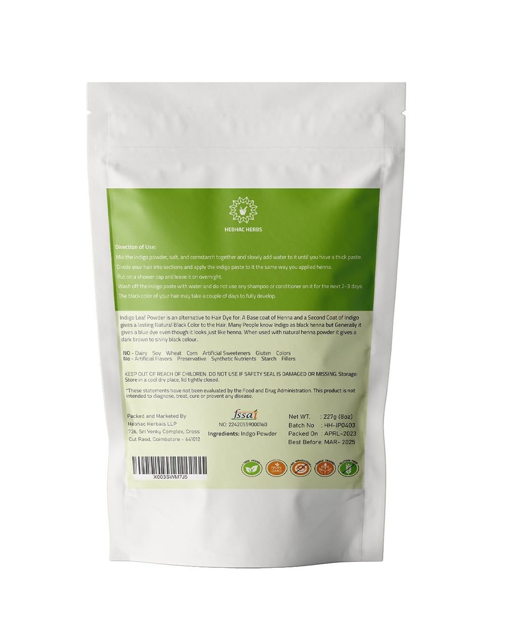Indigo Powder For Hair Color/Beard Dye by Hebhac Herbs | Indigo Powder For Black and Dark Hair | Indigofera Tinctoria | Natural