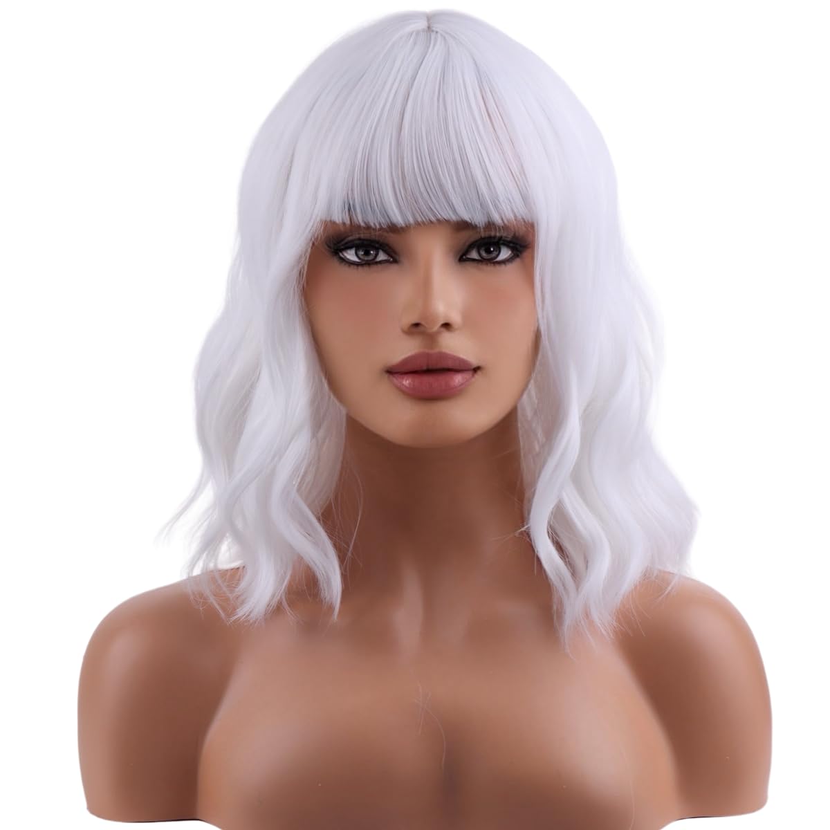 Wthcos White Wig Short Bob Wig Short White Wig With Bangs Curly Wavy White Wig For Women Heat Resistant Synthetic Hair Wigs For
