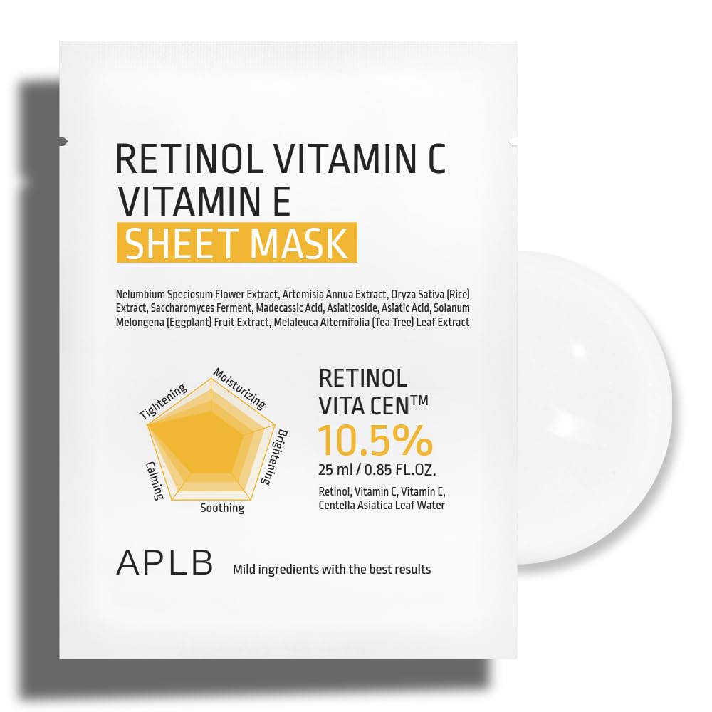 APLB Retinol Vitamin C Vitamin E Sheet Mask 10pcs | RETINOL VITA CEN 10.5% 0.85 FL.OZ/Korean Skincare, Long lasting hydration, W