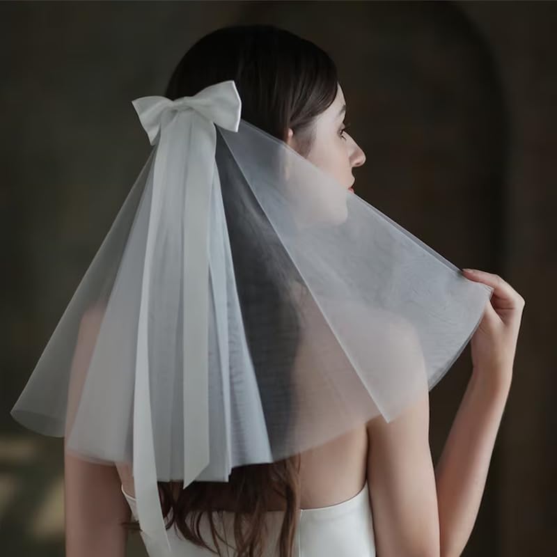 TUCEWP Bridal Veil for Women Girls White Wedding Veil Elegant Tulle Bow Hair Clips Long Big Bridesmaid Veil with Satin Bow Ribbo