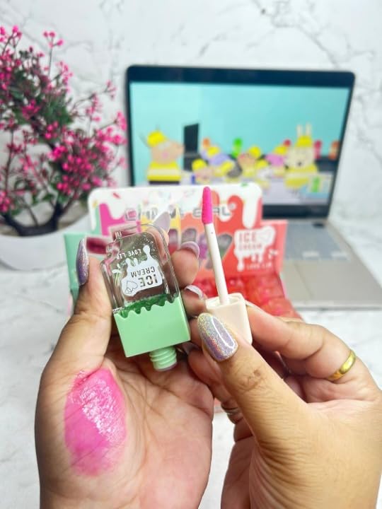 Fozzby Cute Icecream Shape Lipgloss For Girls Lip Balm Korean Ice Cream Lipgloss Pink Shiny Lips Waterproof Long Lasting Liquid 