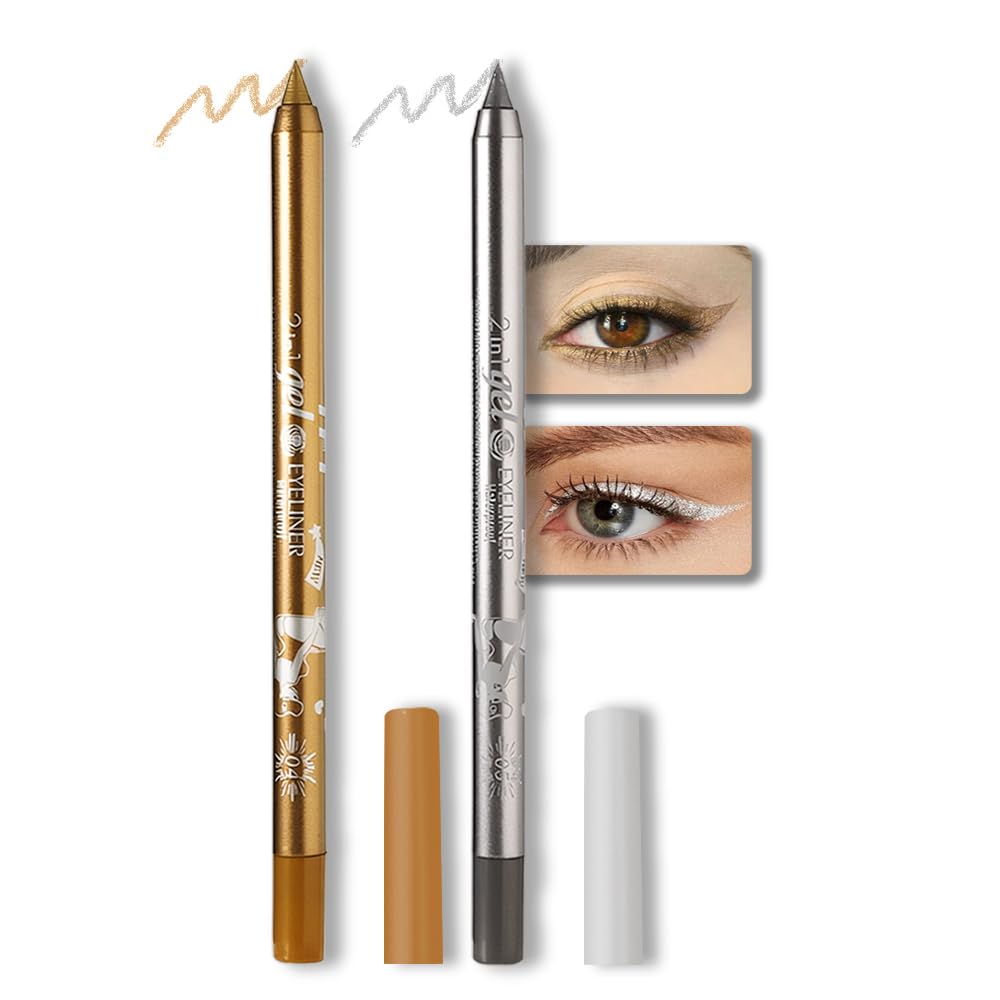 Kaely 2Pcs Gold Silver Pencil Eyeliner,Sharpenable Multi-Use Gel Eyeliner Pencil,Waterproof Smudge Proof Eye Liner Pen,Long Last