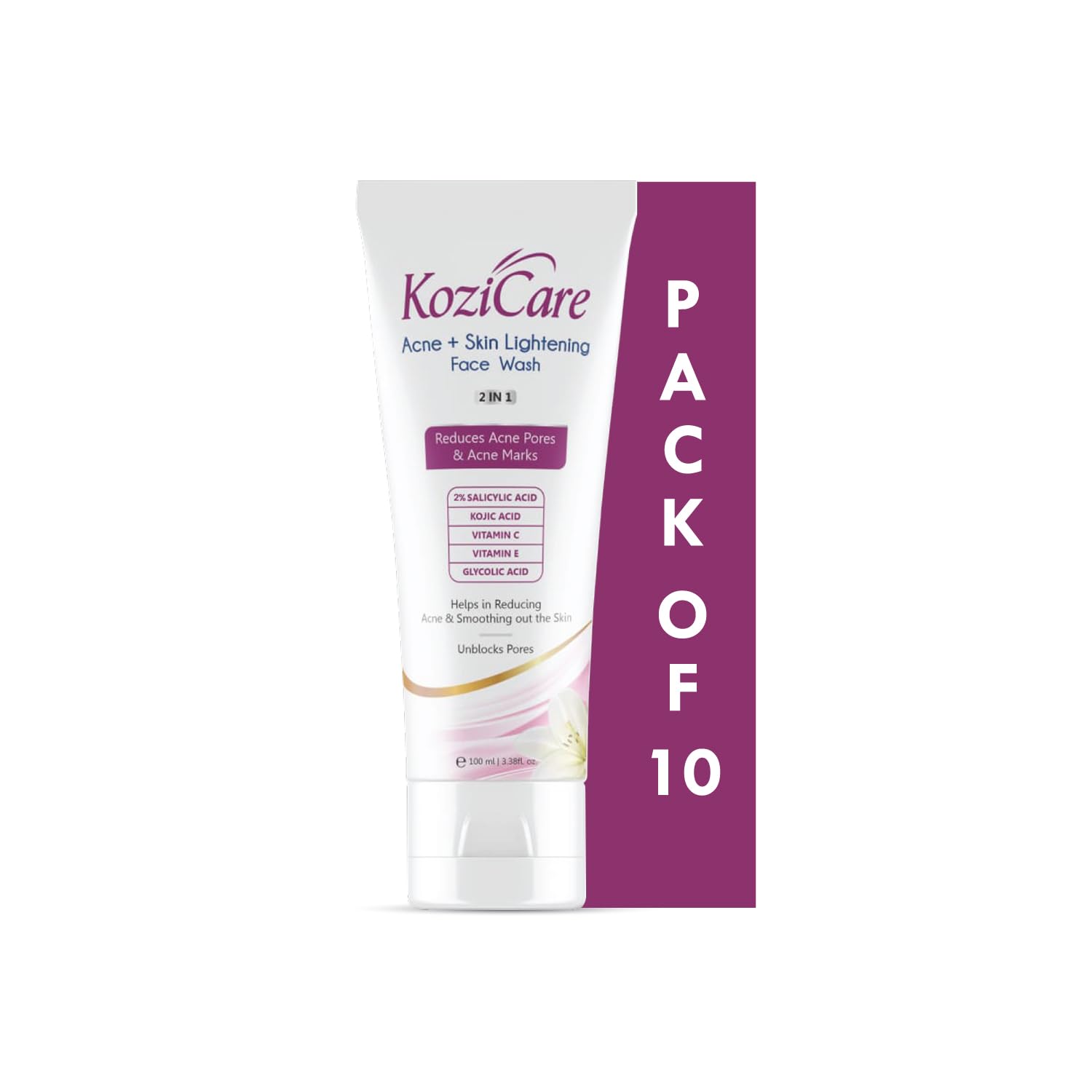 Kozicare Acne + Skin Lightening Face Wash 2 In 1 Enriched With Kojic Acid, 2% Salicylic Acid, Vitamin C & E, Glycolic Acid | Hel