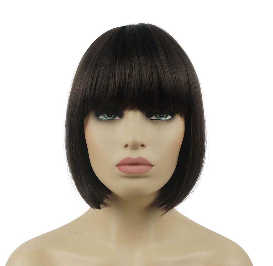 Lydell 8'' Straight Short Bob Hair Flat Bangs Cute Central Dot Skin Top Heat Resistant Synthetic Wigs (6 Chestnut Brown)