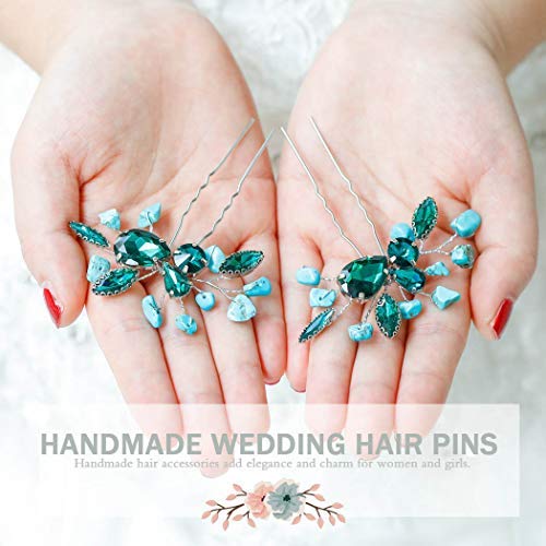 Aukmla Turquoise Bride Wedding Hair Pins Green Crystal Bridal Headpiece Hair Accessories For Women And Girls