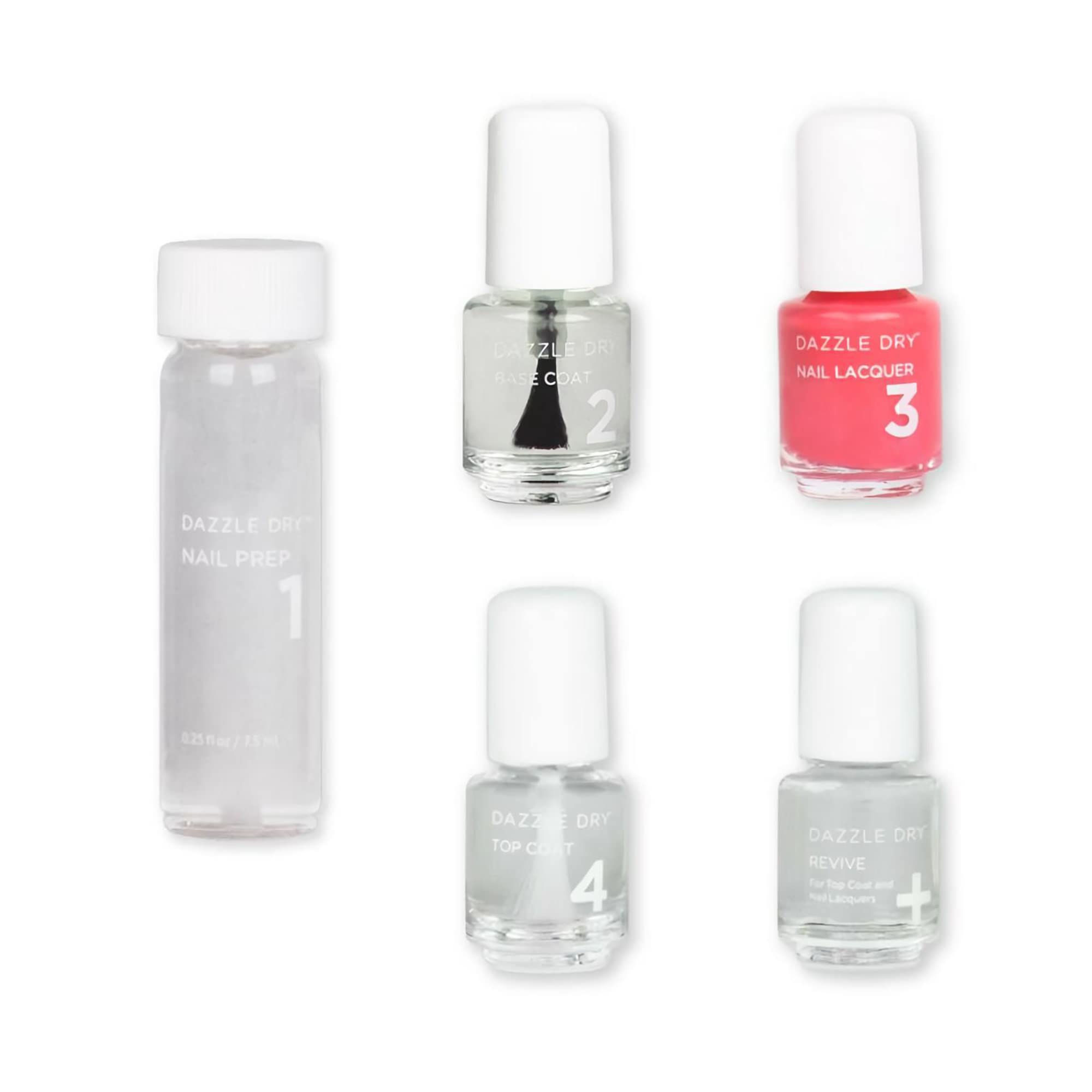 Dazzle Dry Mini Kit 4 Step System - Carnival Coral, a bright, punchy full coverage coral. Full coverage cream. (5 Piece Kit / 5 