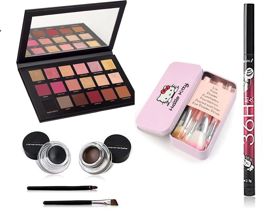 Swizhuda Rose Gold Eyeshadow Palette 2 In 1 Gel Eyeliner (Black And Brown) 7 Pcs Makeup Brushes Set 1 Liquid Sketch Waterproof E
