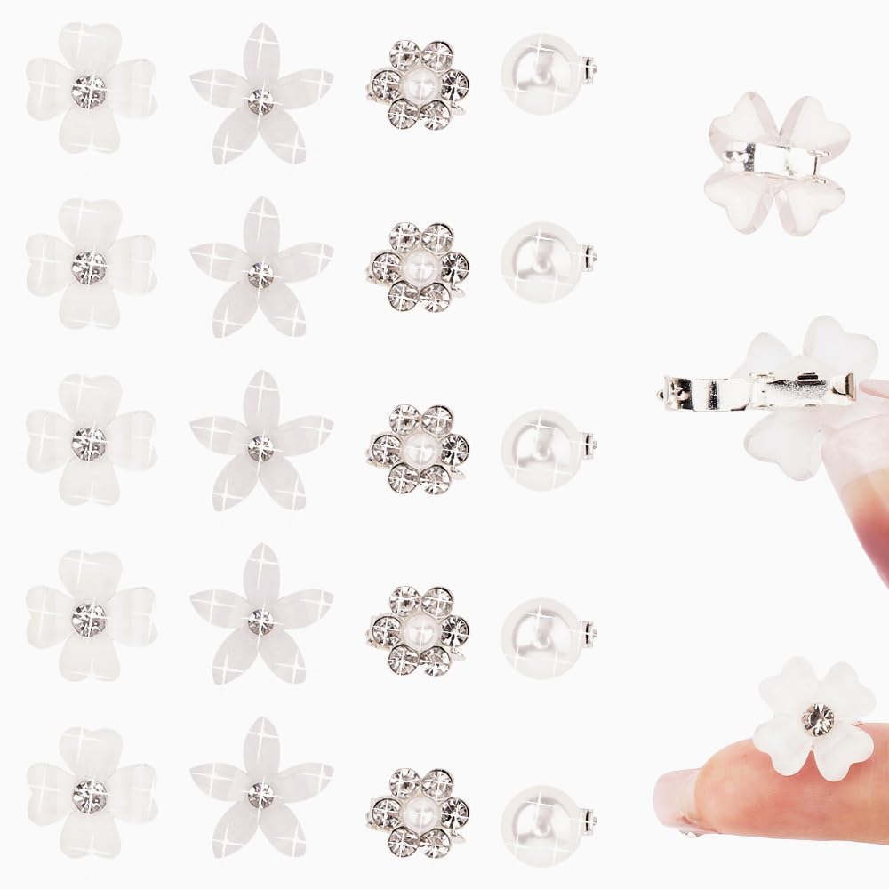 Ahoney 20Pcs Mini Clips for Hair White Flower Hair Clips with Rhinestone Cute Flower Girl Hair Accessory Decorations Hair Clips 