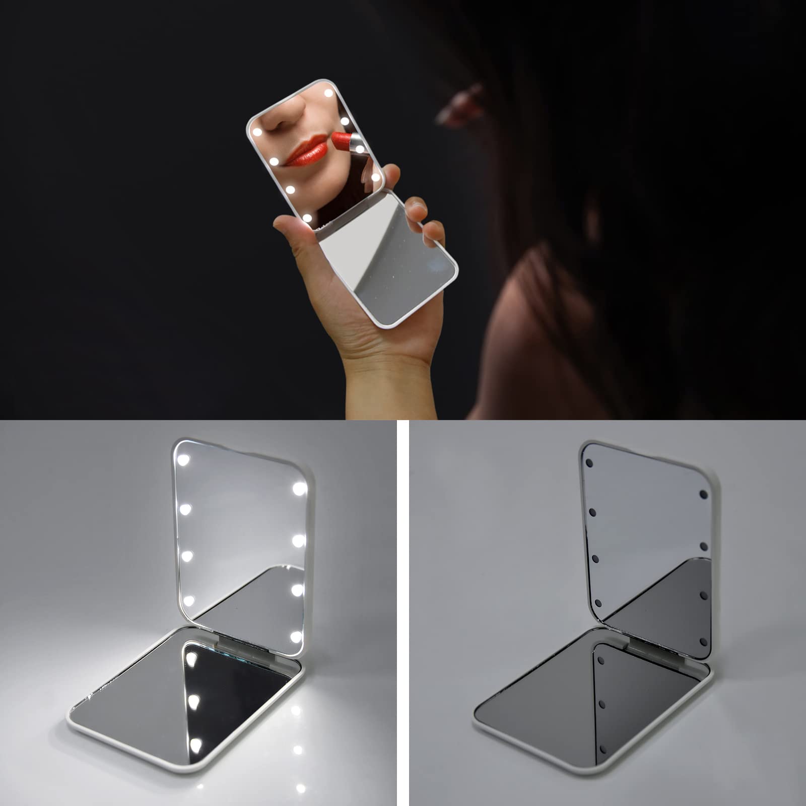 Kintion Pocket/Purse Mirror, 1X/3X Magnification Led Small Compact Travel Makeup Mirror With Light, 2-Sided, Portable, Folding,