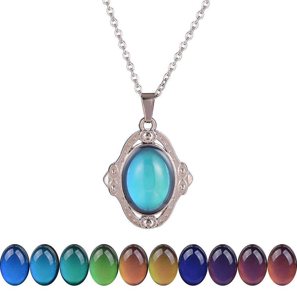 FM FM42 Temperature Sensing Color Changing Vintage Oval Pendant Necklace with 19.29  Stainless Steel Rolo Chain ZN1308