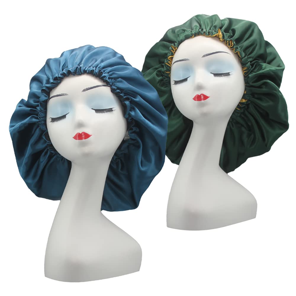 Satin Sleep Cap, Adjustable Satin Cap, Silk Bonnet, Reusable Bath Hair Cap For Night Sleeping Reversible Double Layer 2 Pack (De