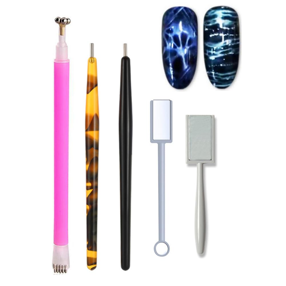 Wokoto 5Pcs Nail Magnet Tool Set With Double Head Flower Design Nail Magnet Pens And Strong Magnet Stick For Cat Eye Gel Polish