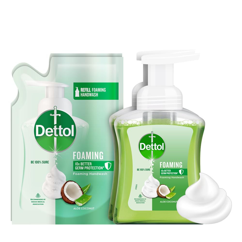 Dettol Foaming Handwash Pump + Refill Combo, Aloe Coconut (250Ml + 200Ml) Pack Of 2 | Rich Foam | Moisturizing Hand Wash | Soft 