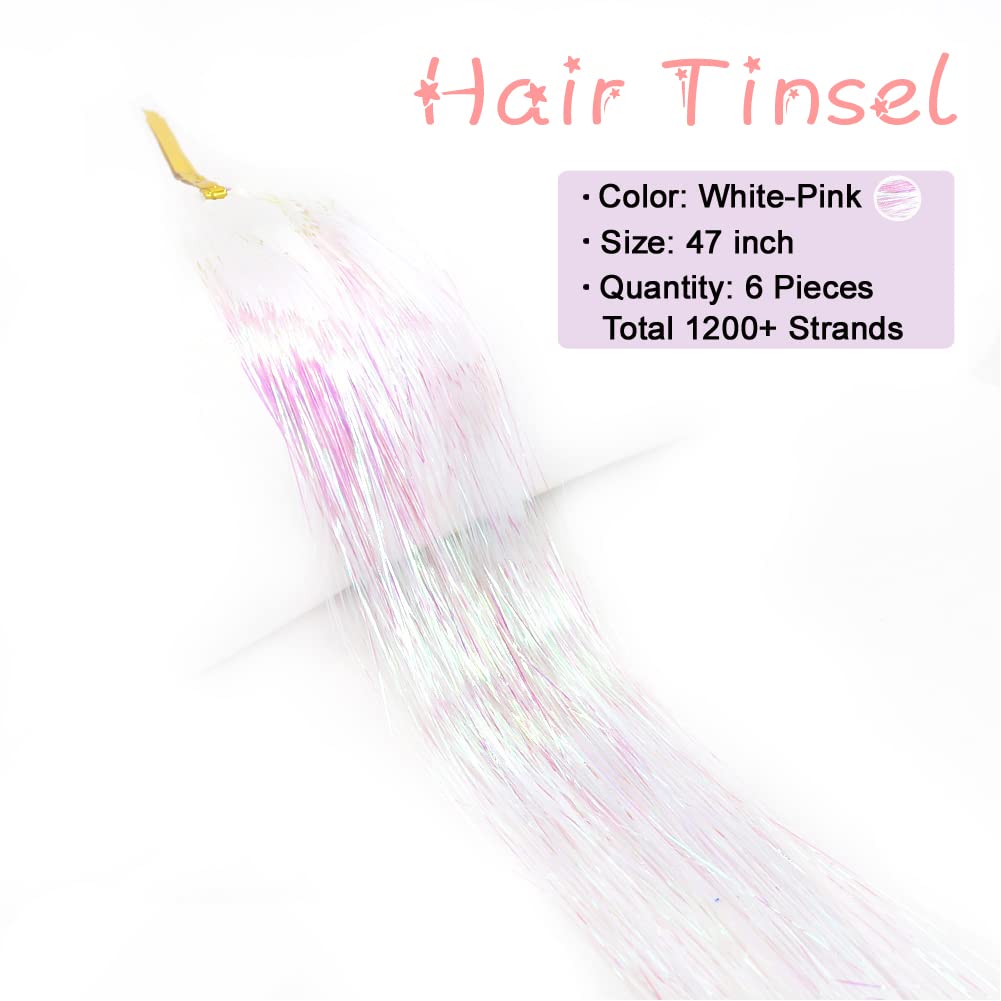 Hair Tinsel Kit With Tools 47Inch 1200 Strands Fairy Hair Tinsel 6Pcs Highlights glitter Hair Extensions Sparkling Shiny Hair Ex