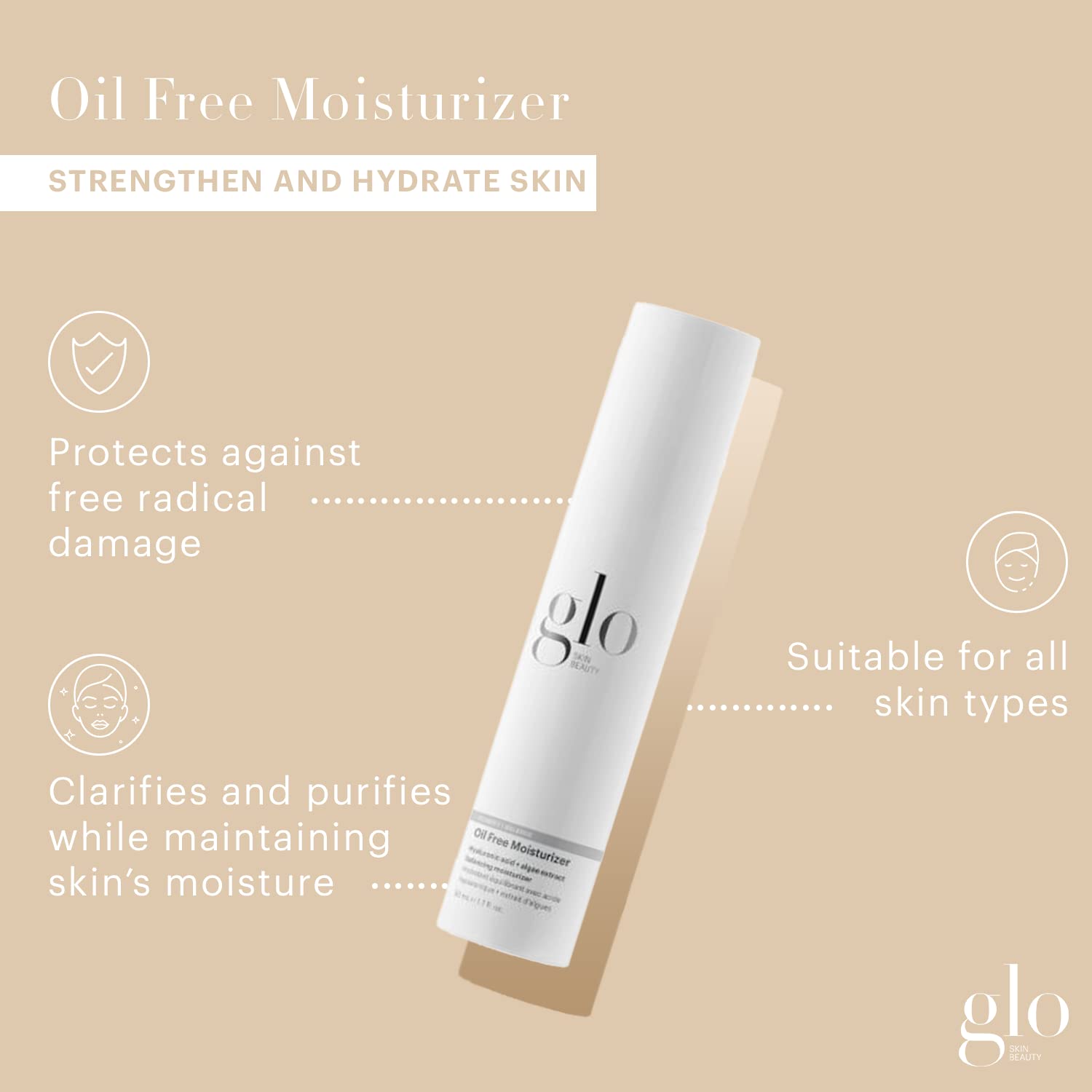 Glo Skin Beauty Oil Free Moisturizer - Lightweight Moisturizing Face Cream Powered by Hyaluronic Acid & Algae Extract for a Bala