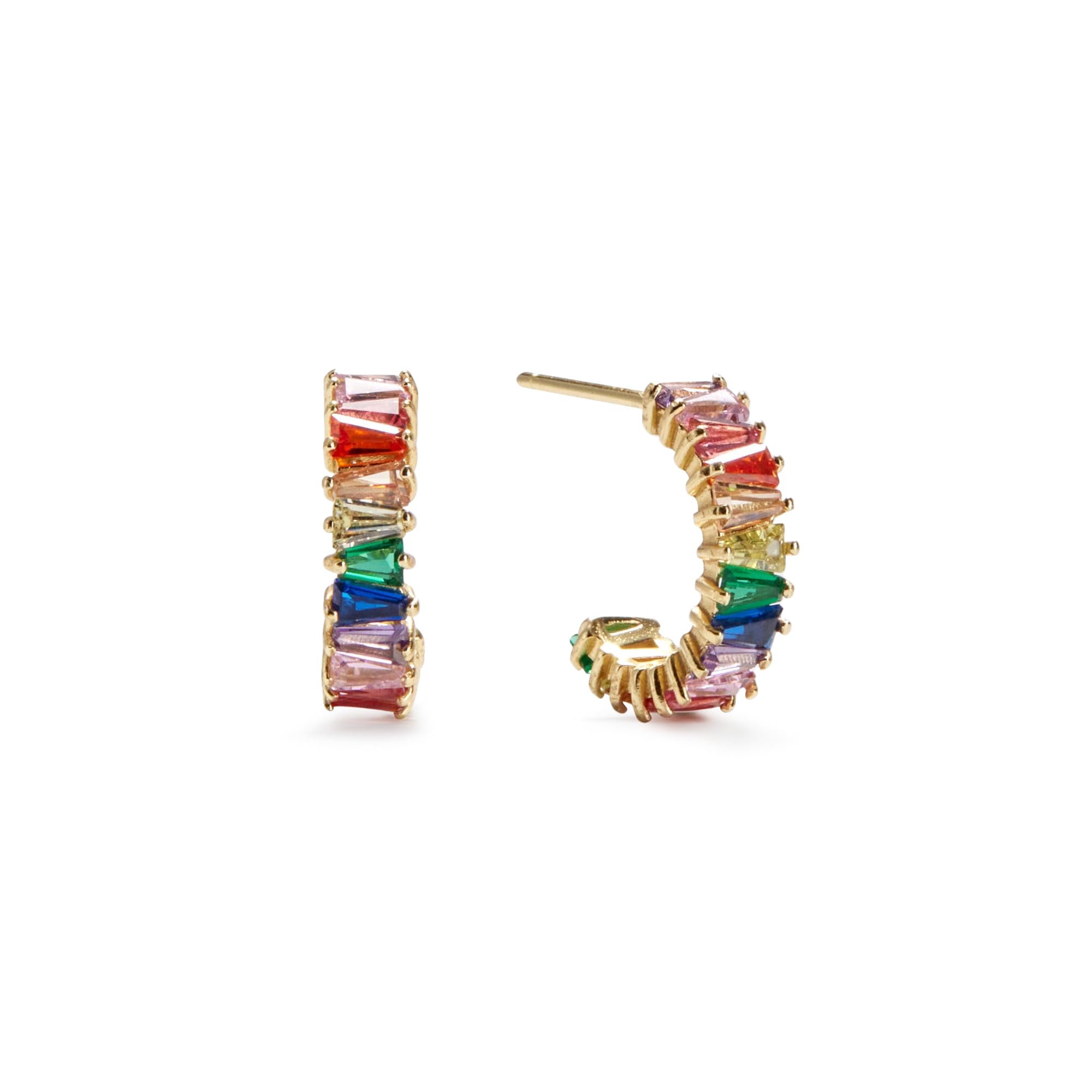 PERIMADE 18K Gold Plated Rainbow LGBTQ Pride Hoop Earrings, Solid 925 Sterling Silver CZ Cubic Zirconia Half Open Hoops Hypoalle