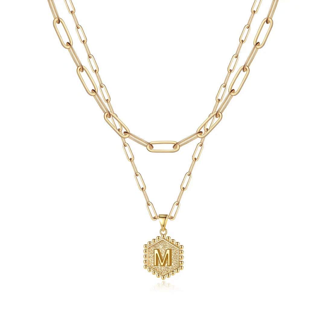 M MOOHAM Dainty Layering Initial Necklaces for Women Trendy - Necklaces for Women Cute Hexagon Letter Initial M Necklace Choker 