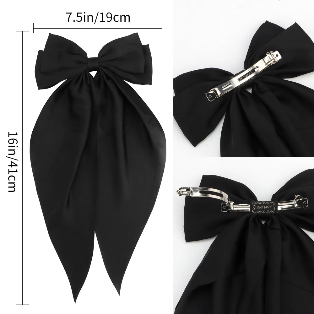 Atoden Black Hair Accessories: 4 Pcs Silky Satin Oversized Bowknot Ribbons With Long Tails And Alligator Metal Clips - Cute Gift