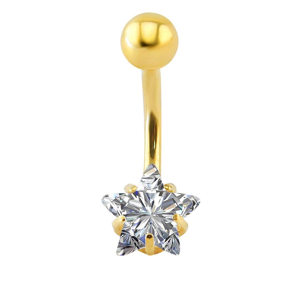 Gadgetsden Gold 316L Surgical Steel Screw Star Cubic Zirconia Belly Button Body Jewelry Piercing Navel Ring Barbells For Women
