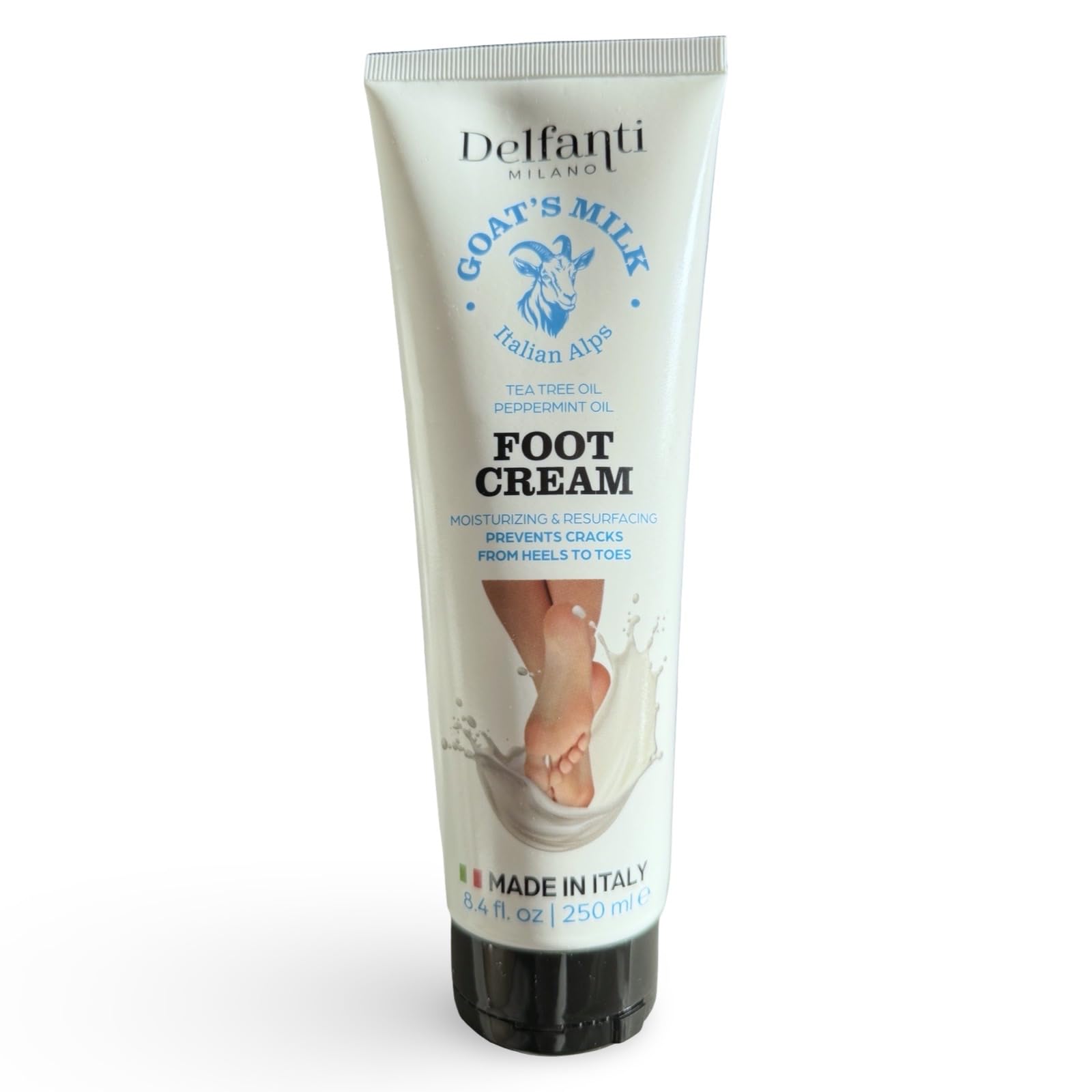 Delfanti-Milano - Goats Milk Moisturizing and Resurfaceing Foot Cream  Tea tree and Peppermint oils  8.4 oz 250mL  Made in Italy