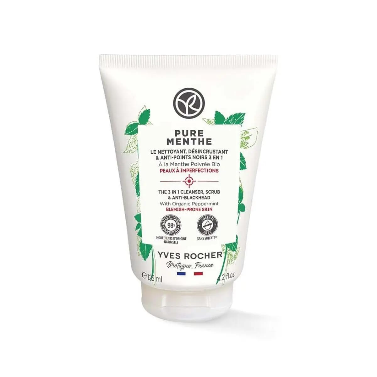 Yves Rocher 3in1 PoreCleansing Gel Scrub with Mint Deep Cleansing & Exfoliation for Matte Skin Purifies Without Drying  125m