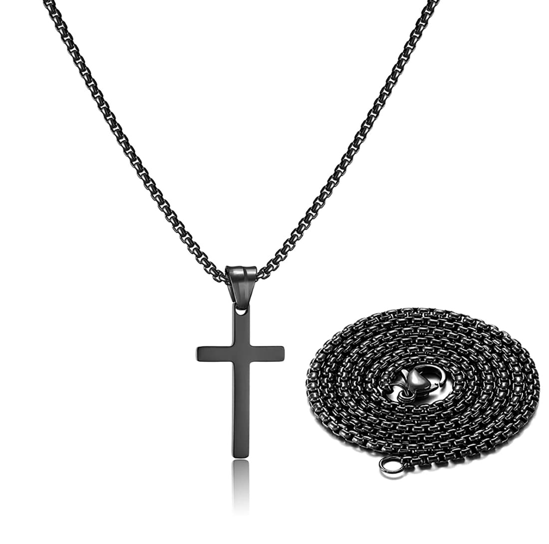Stainless Steel Cross Necklace for men,Black Cross Necklace for boys kids tiny Small Cross Pendant Necklace 16 inches Simple Jew