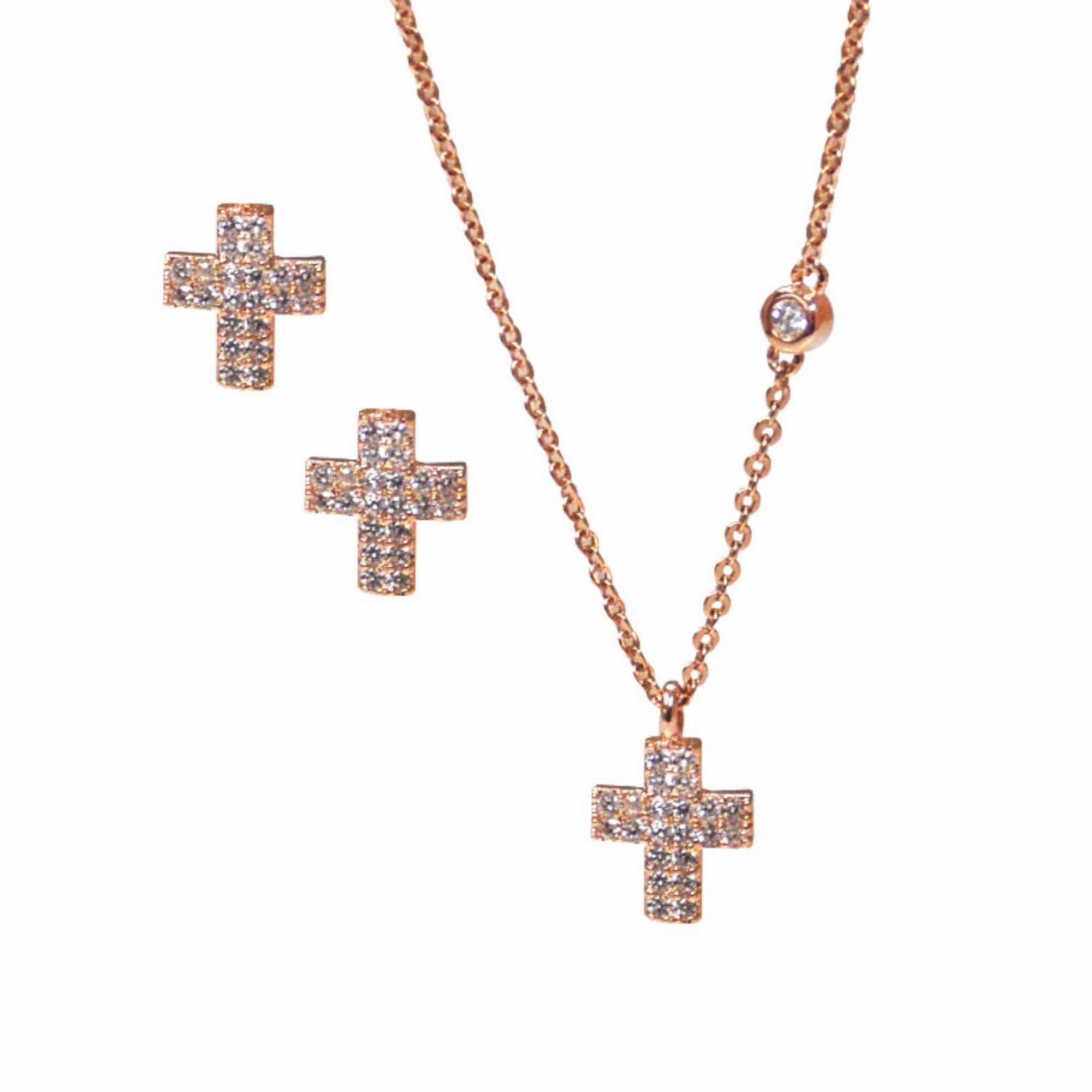 Rose Gold Cross Necklace & Earring Set