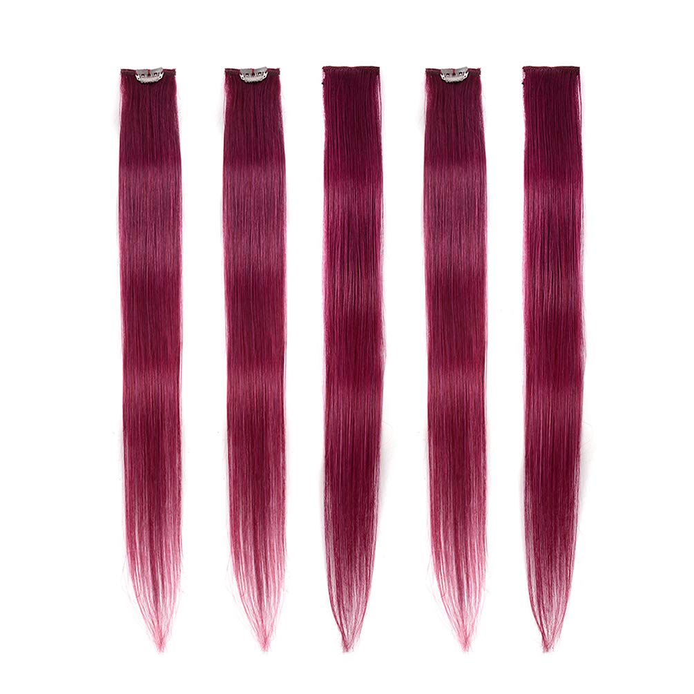 Winsky Burgundy Clip in Colored Hair Extensions 100% Real Human Hair - Straight Highlights Colored Clip on Christmas Hairpieces 