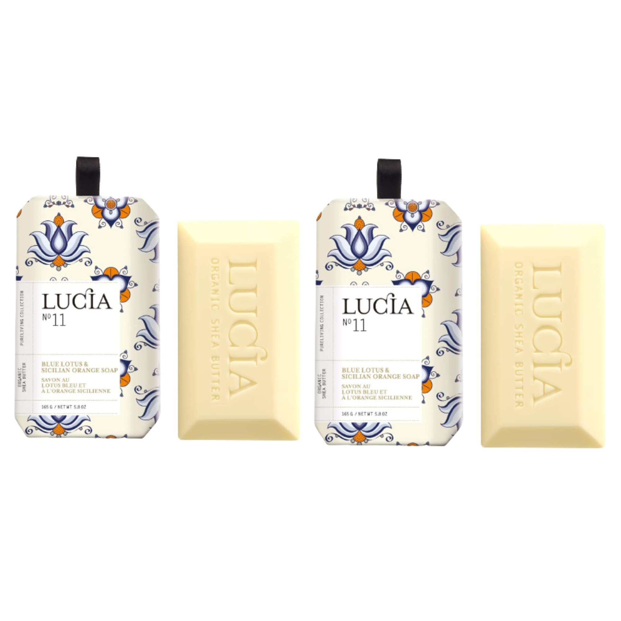 IPPINKA Lucia Organic Shea Butter Soap - Set of Two 5.8 oz (165 g) Bars - Blue Lotus and Sicilian Orange
